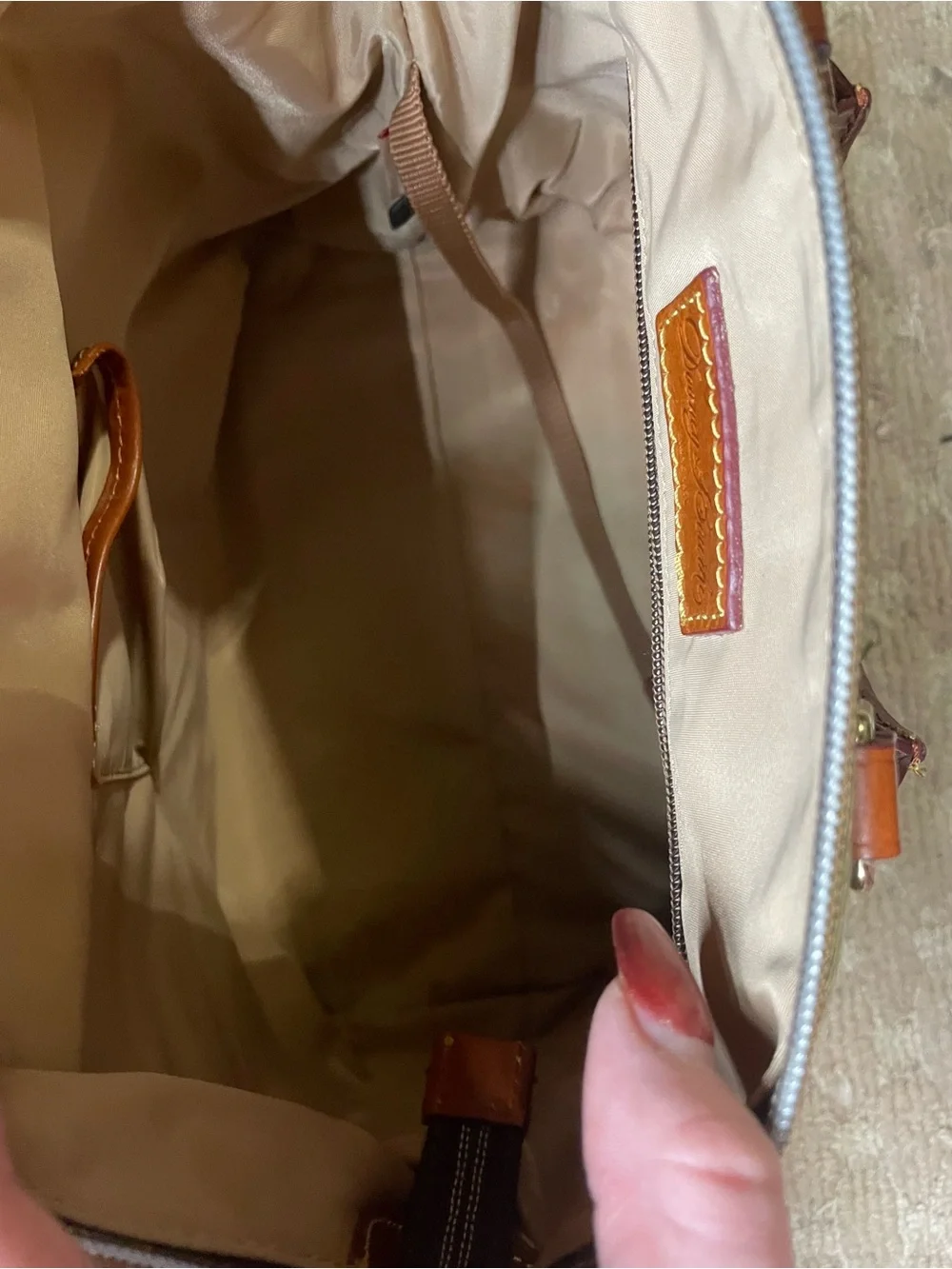 Dooney & Bourke Olive and Brown Leather Satchel With Purple Trim